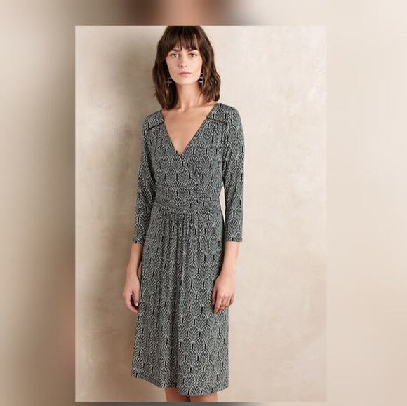 Anthropologie Dresses & Skirts - Anthropologie Maeve Galena Faux Wrap Black & White Print Midi Dress XS